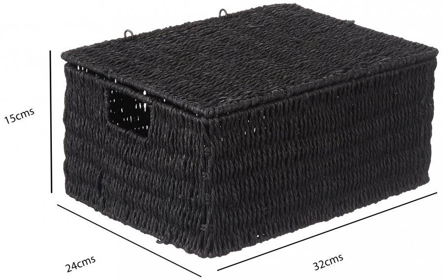 Woodluv Paper Rope Storage Hamper Basket With Lid, Large, Black