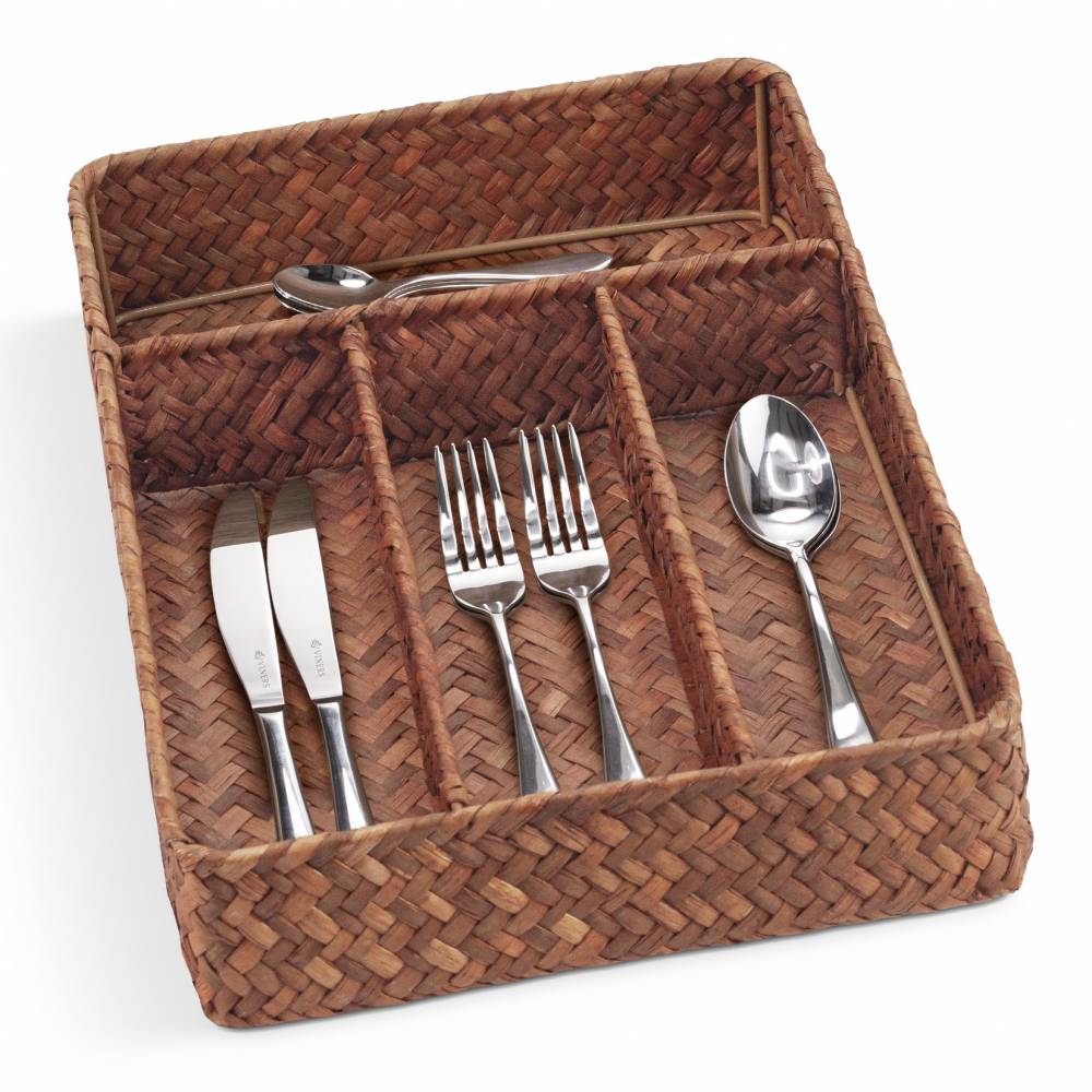 Woodluv Rectangular Seagrass Cutlery Drawer Organizer, Utensil Tray