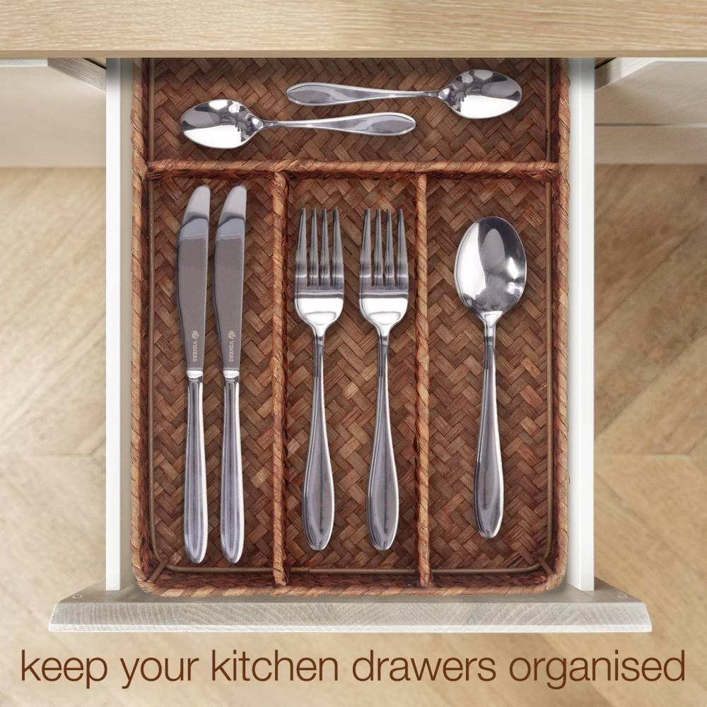 Woodluv Rectangular Seagrass Cutlery Drawer Organizer, Utensil Tray