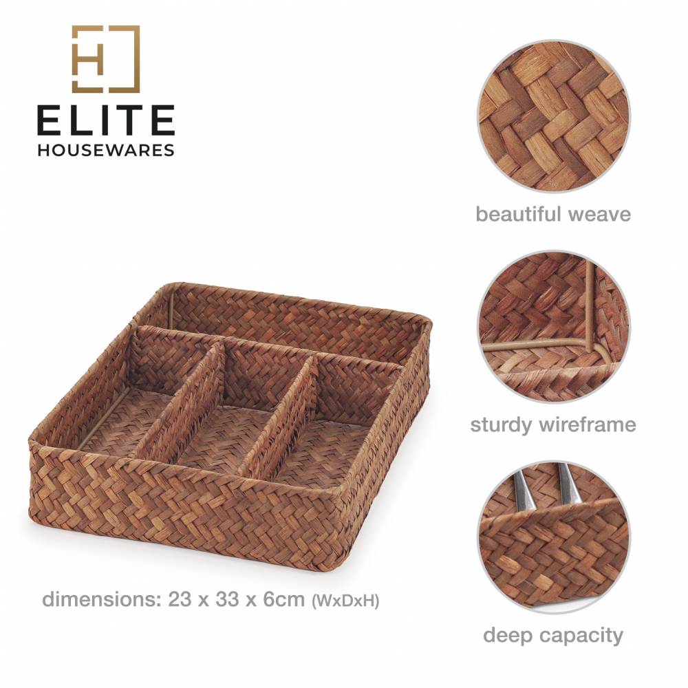 Woodluv Rectangular Seagrass Cutlery Drawer Organizer, Utensil Tray