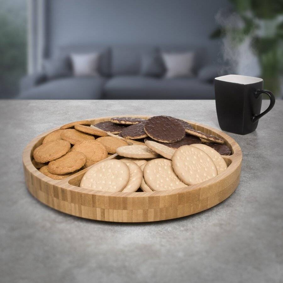 Woodluv Revolving Lazy Suzan Bamboo Tray With 3 Sections