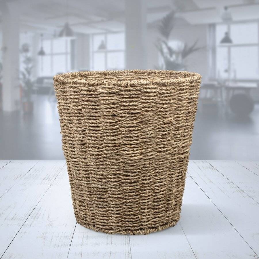 Woodluv Round Handwoven Natural Seagrass Waste Paper Bin