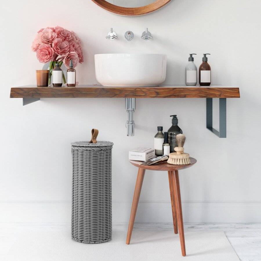 Woodluv Round Polypropleyne Loo Roll Storage Basket With Lid - Grey