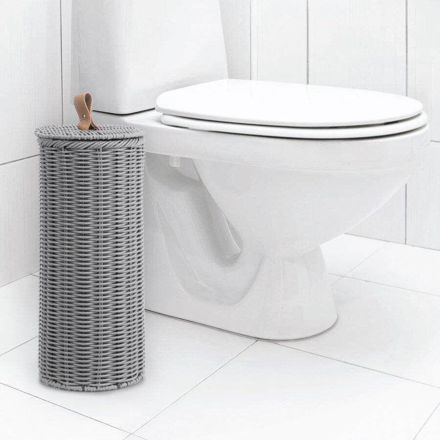 Woodluv Round Polypropleyne Loo Roll Storage Basket With Lid - Grey
