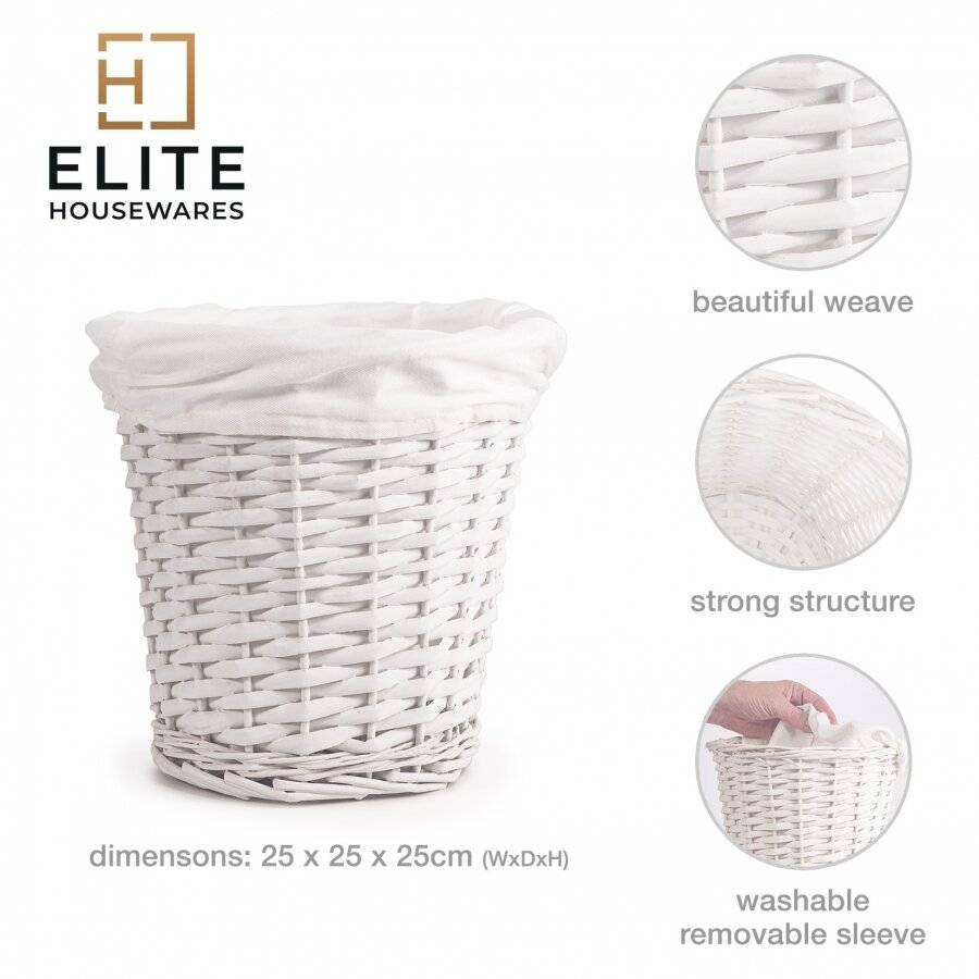 Woodluv Wicker Waste Paper Round Bin With White Lining - White