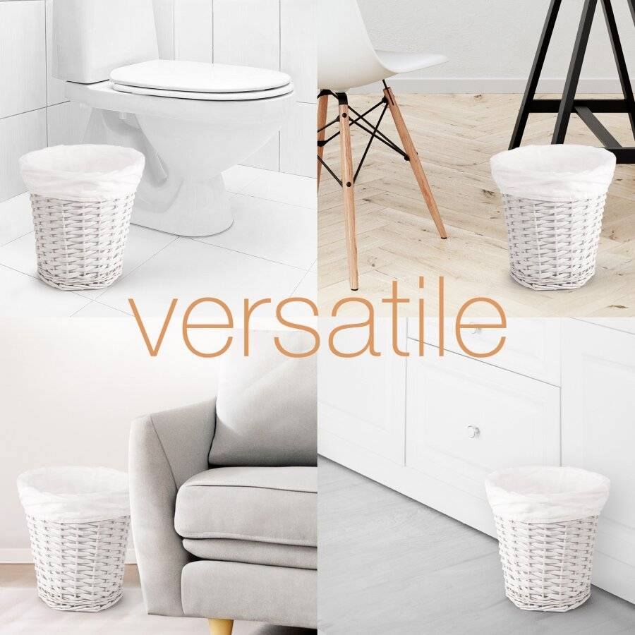 Woodluv Wicker Waste Paper Round Bin With White Lining - White