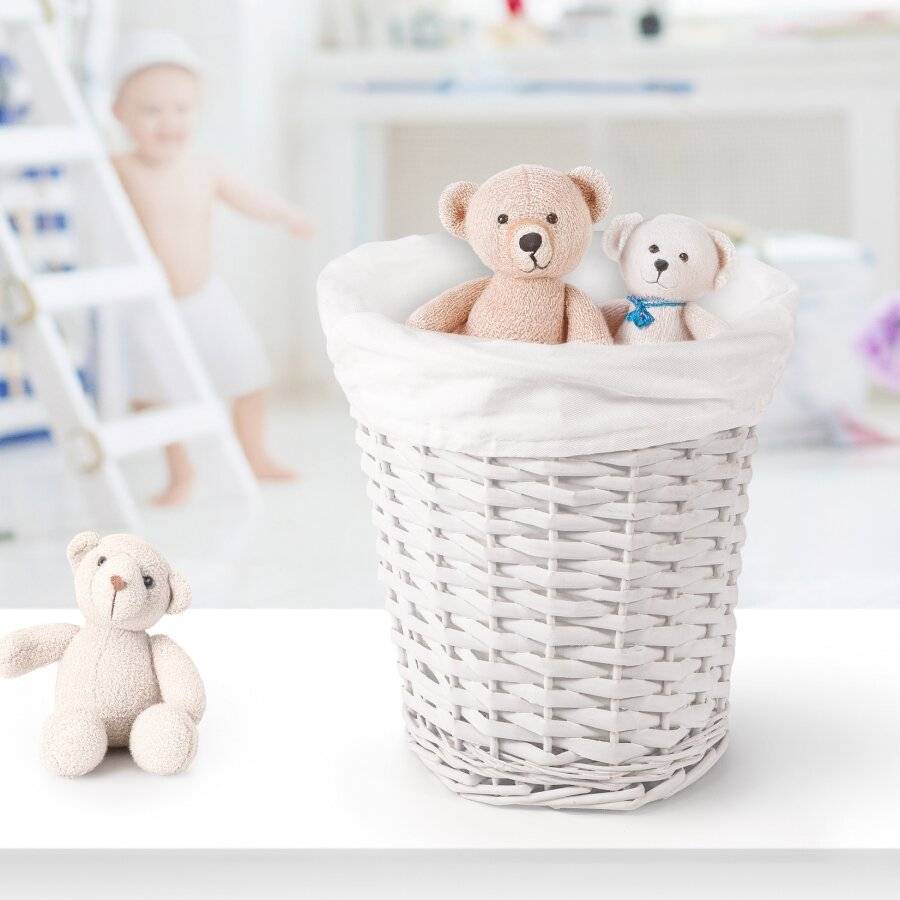 Woodluv Wicker Waste Paper Round Bin With White Lining - White