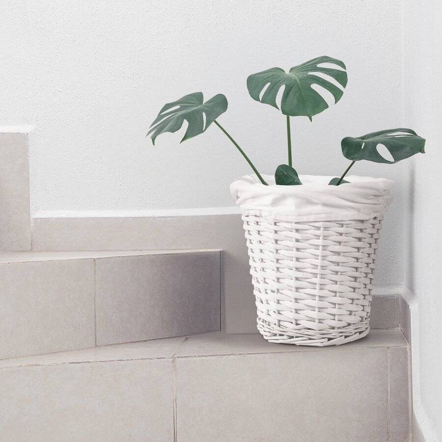 Woodluv Wicker Waste Paper Round Bin With White Lining - White