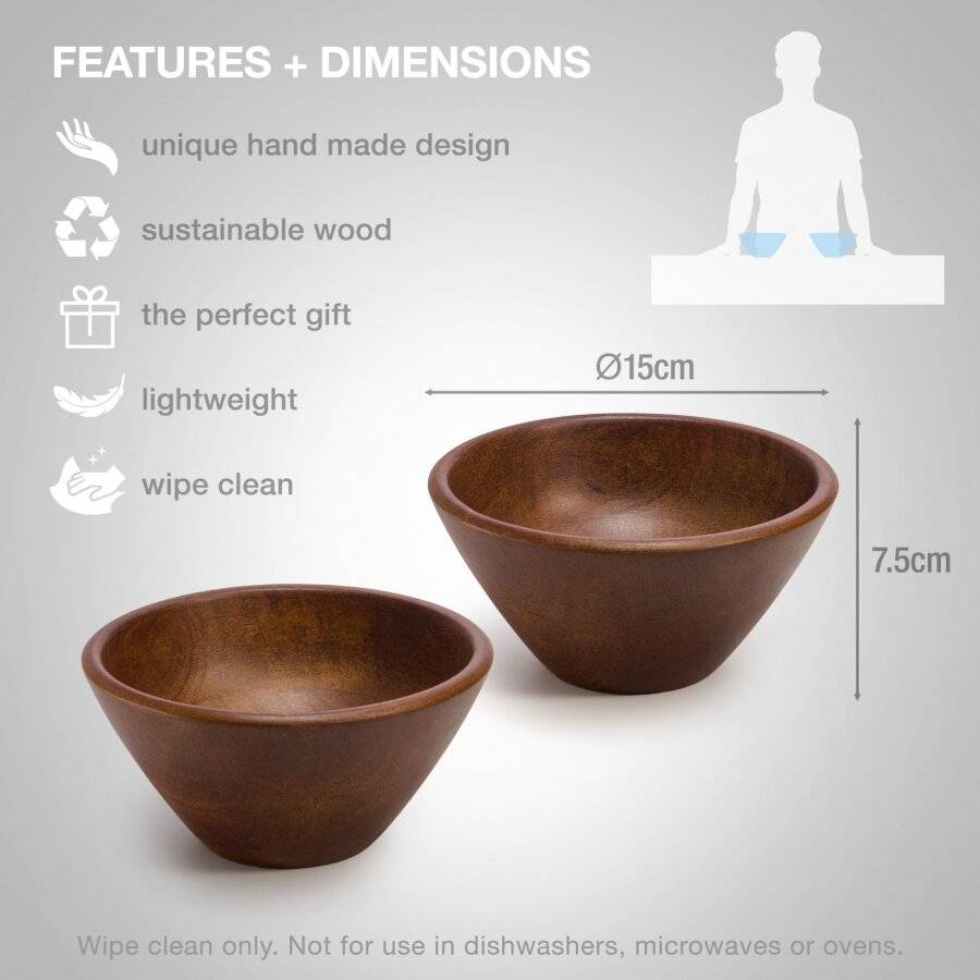 Woodluv Set of 2 15 cm Mango Wood Decorative Cereal Serving Bowl