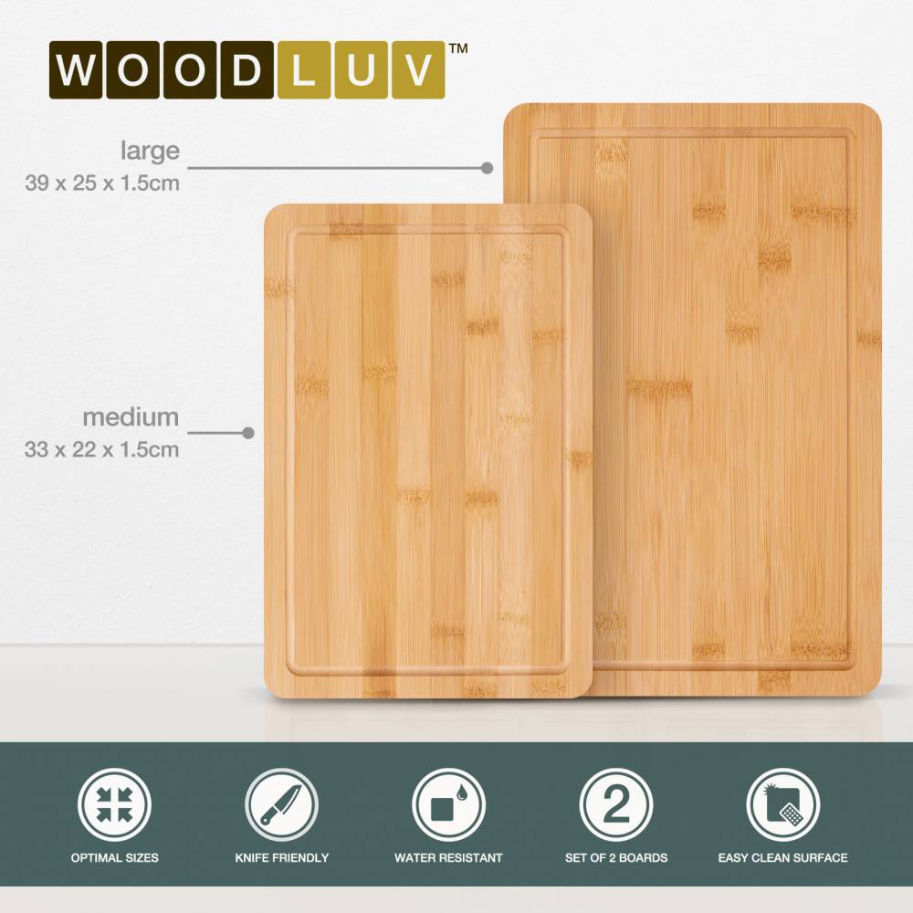Woodluv Set of 2 Bamboo Chopping Board With Juice Grooves