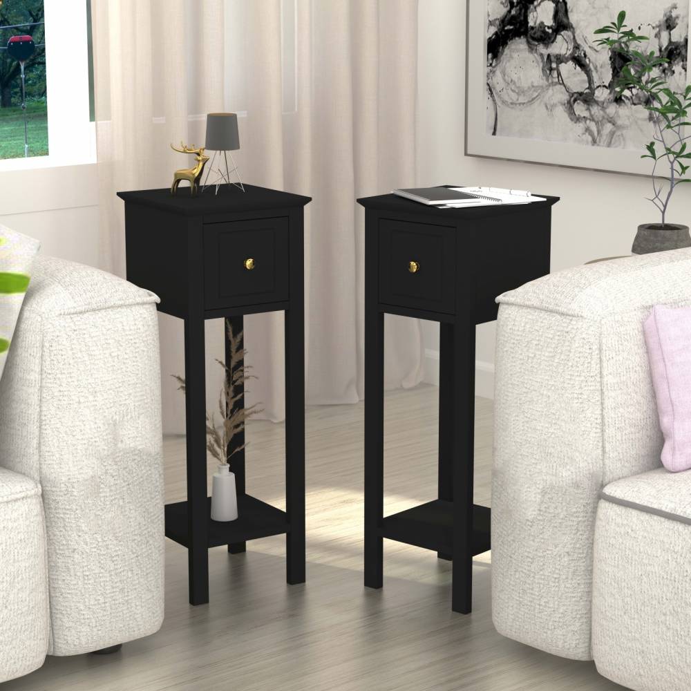 Woodluv Set of 2 Bedside Free-Standing Storage Unit with Drawer, Black