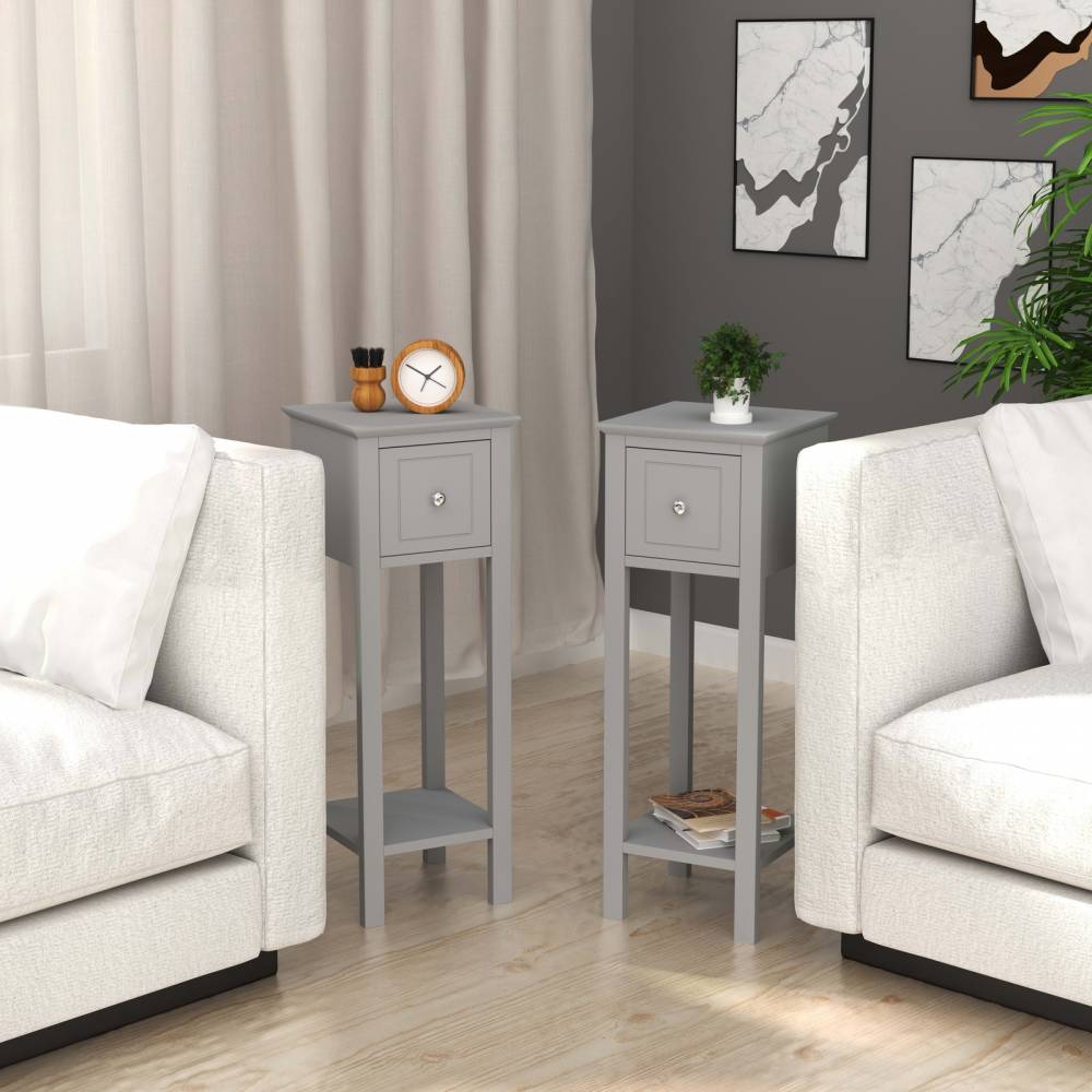 Woodluv Set of 2  Bedside Free-Standing Storage Unit with Drawer, Grey