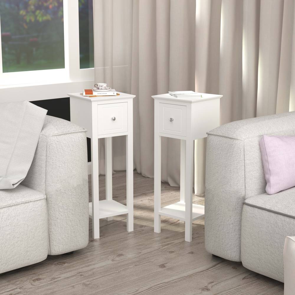 Woodluv Set of 2 Bedside Free-Standing Storage Unit with Drawer, White