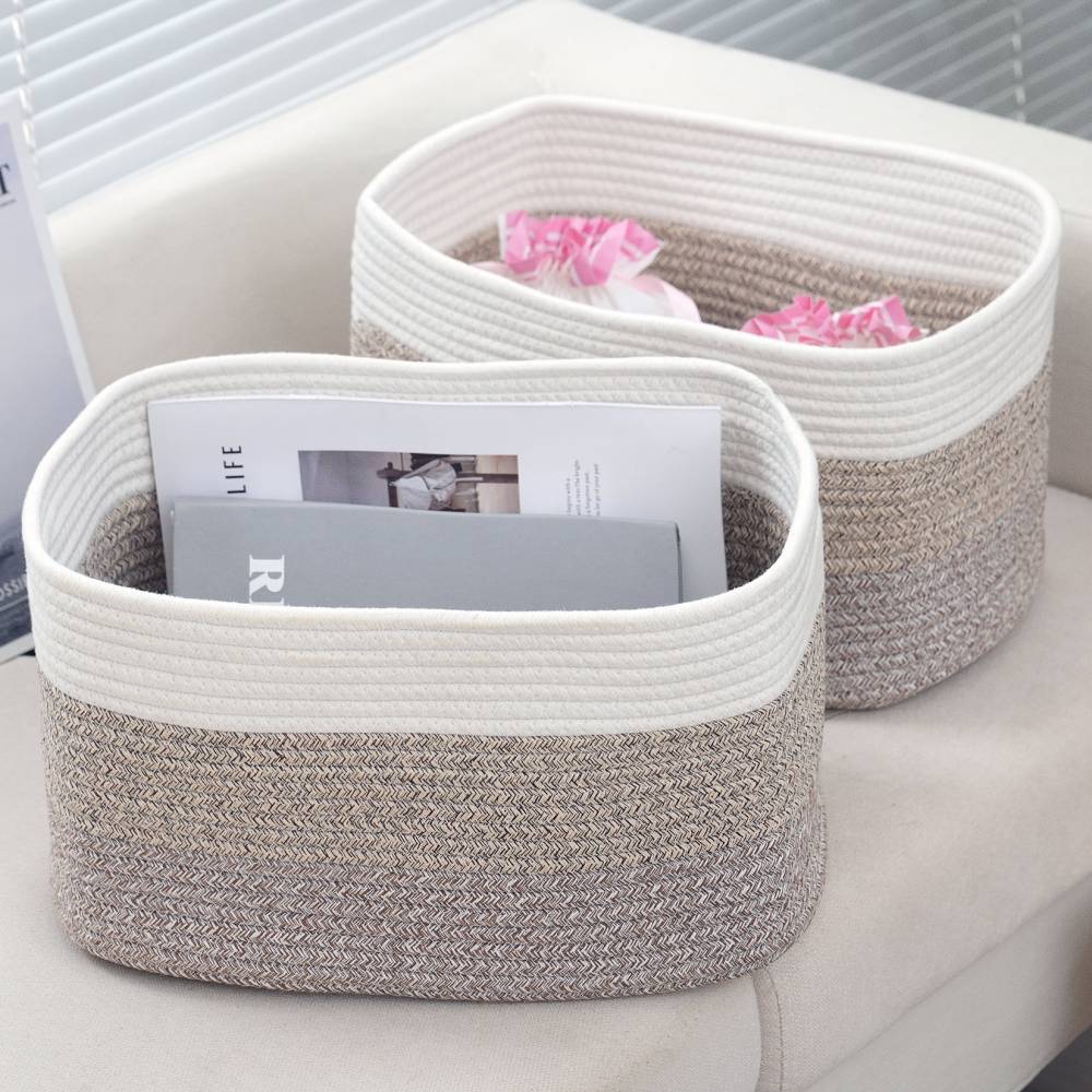 Woodluv Set of 2 Cotton rope Storage Collapsible Baskets, Beige