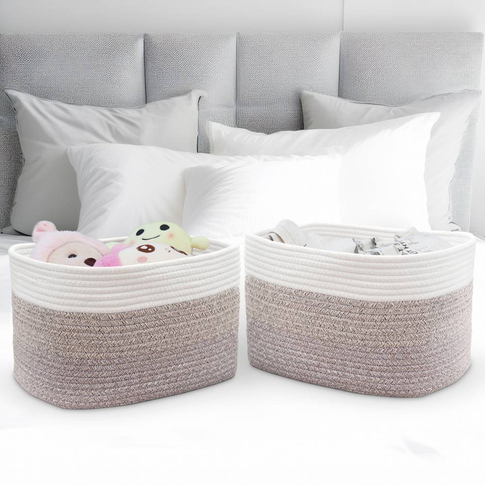 Woodluv Set of 2 Cotton rope Storage Collapsible Baskets, Beige