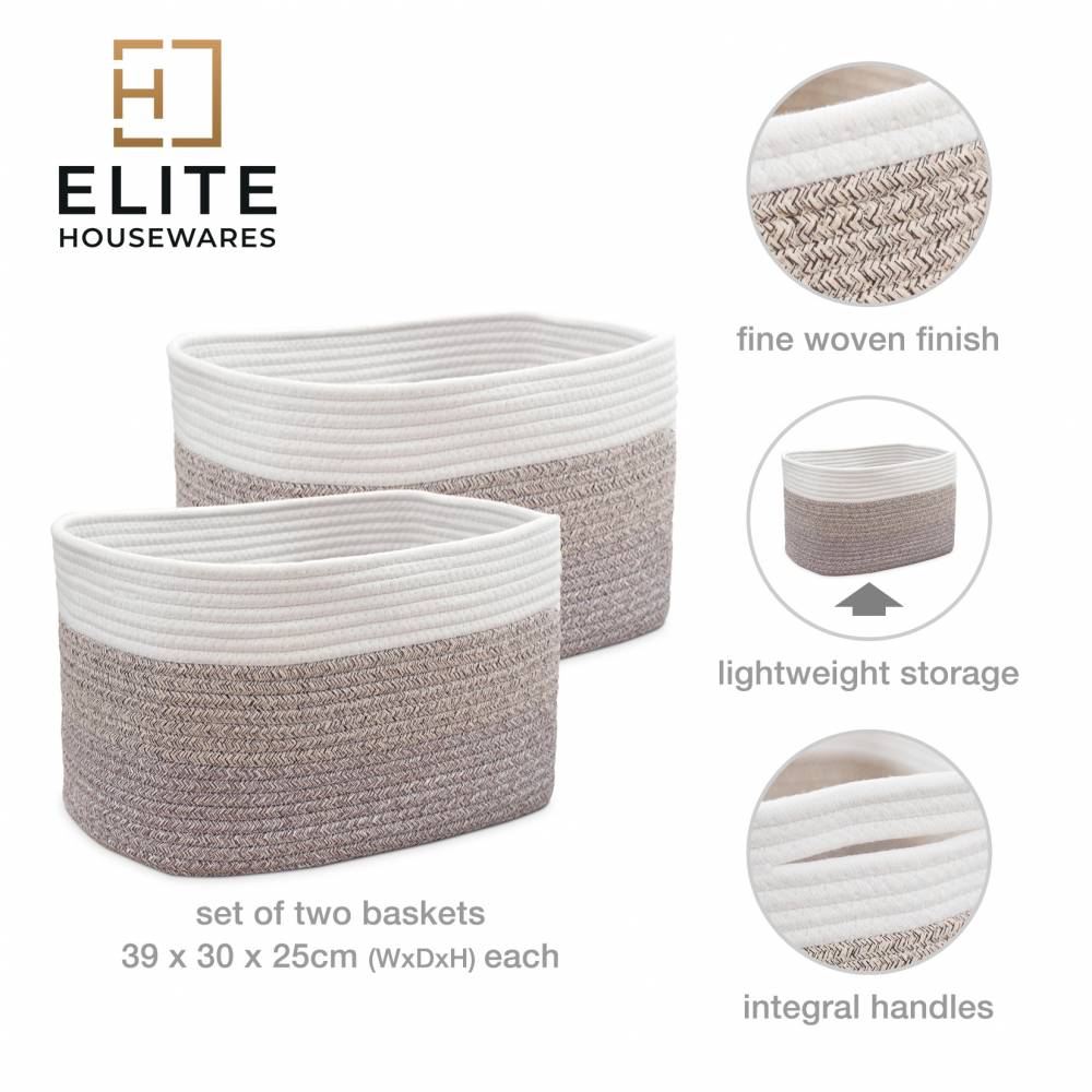 Woodluv Set of 2 Cotton rope Storage Collapsible Baskets, Beige