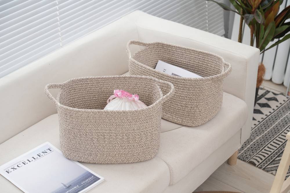 Woodluv Set of 2 Cotton rope Storage Collapsible Baskets, Beige