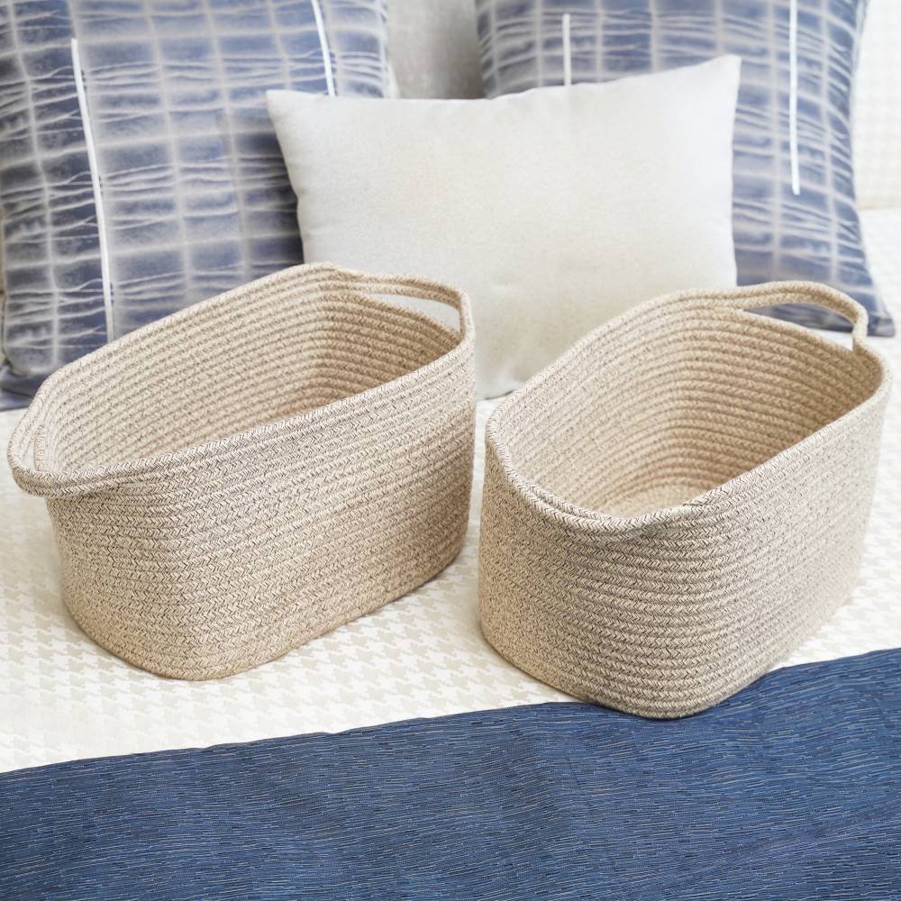 Woodluv Set of 2 Cotton rope Storage Collapsible Baskets, Beige