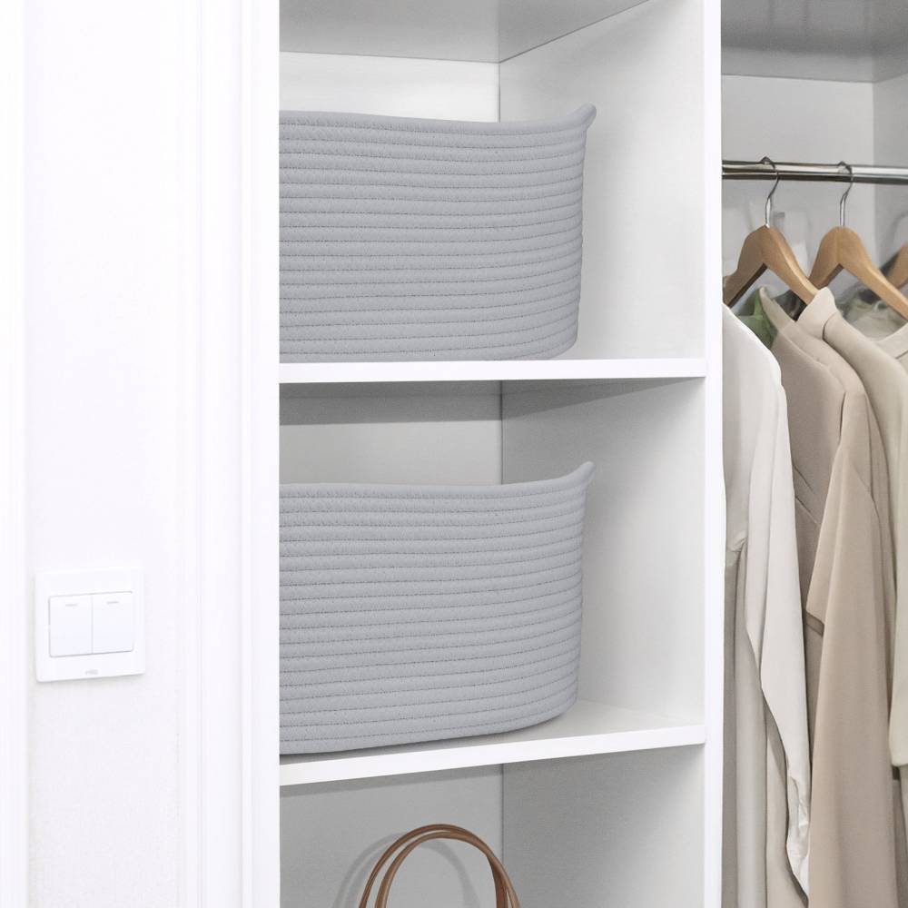 Woodluv Set of 2 Cotton rope Storage Collapsible Baskets, Grey