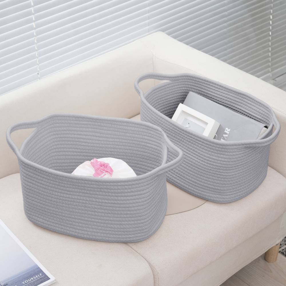 Woodluv Set of 2 Cotton rope Storage Collapsible Baskets, Grey