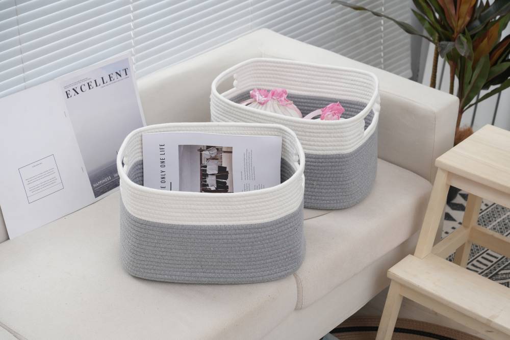 Woodluv Set of 2 Cotton rope Storage Collapsible Baskets, Grey