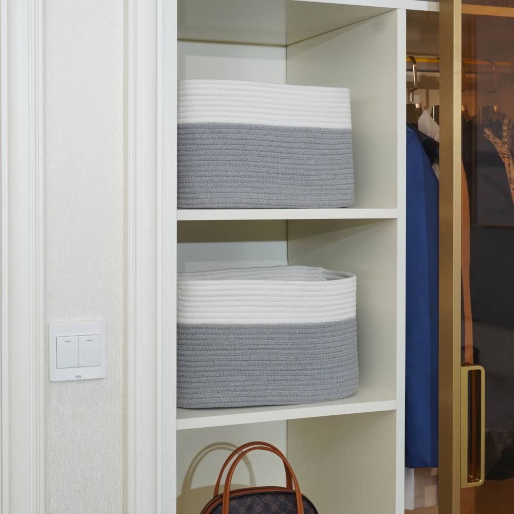 Woodluv Set of 2 Cotton rope Storage Collapsible Baskets, Grey