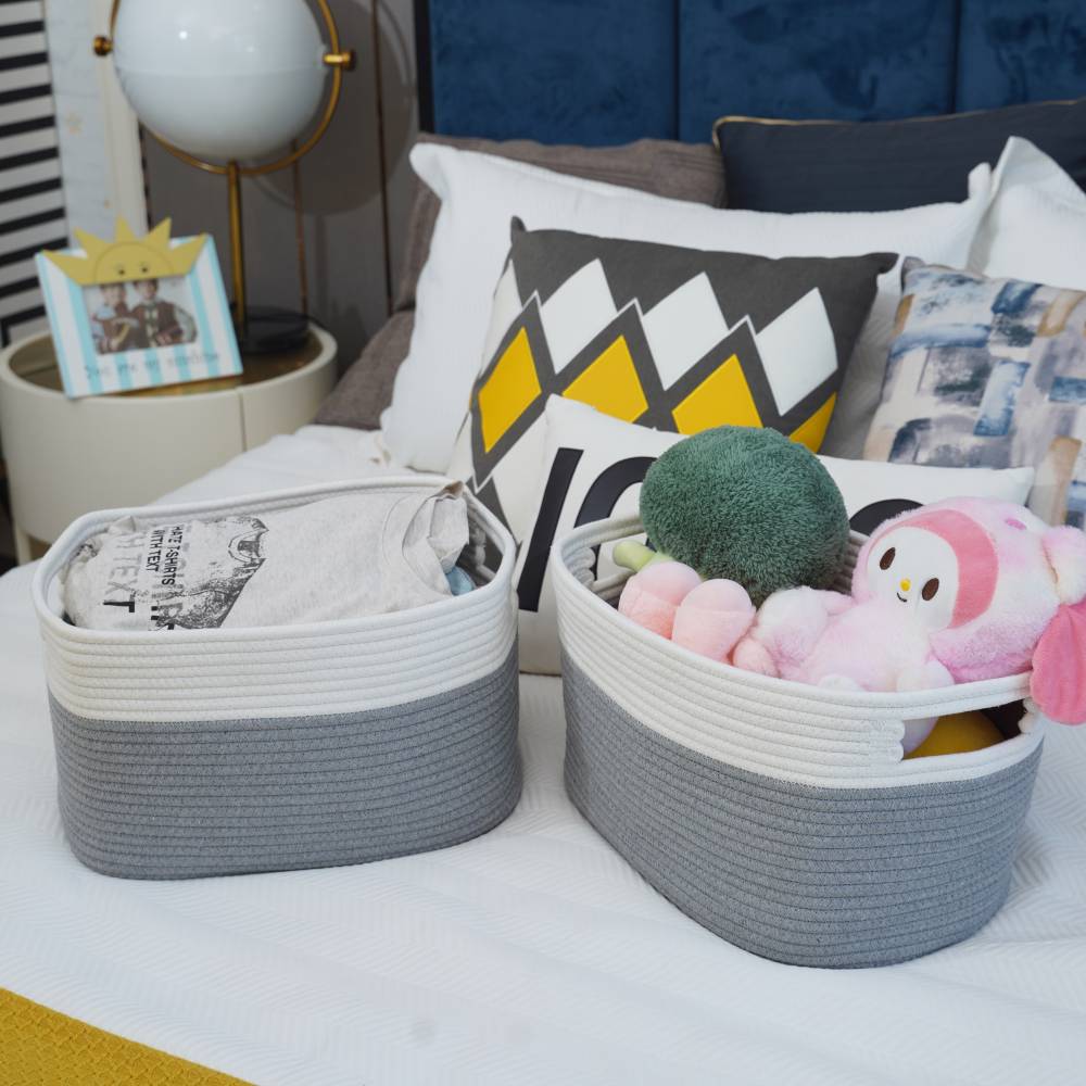 Woodluv Set of 2 Cotton rope Storage Collapsible Baskets, Grey