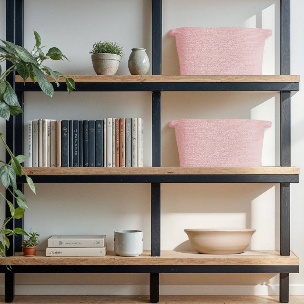 Woodluv Set of 2 Cotton rope Storage Collapsible Baskets, Pink