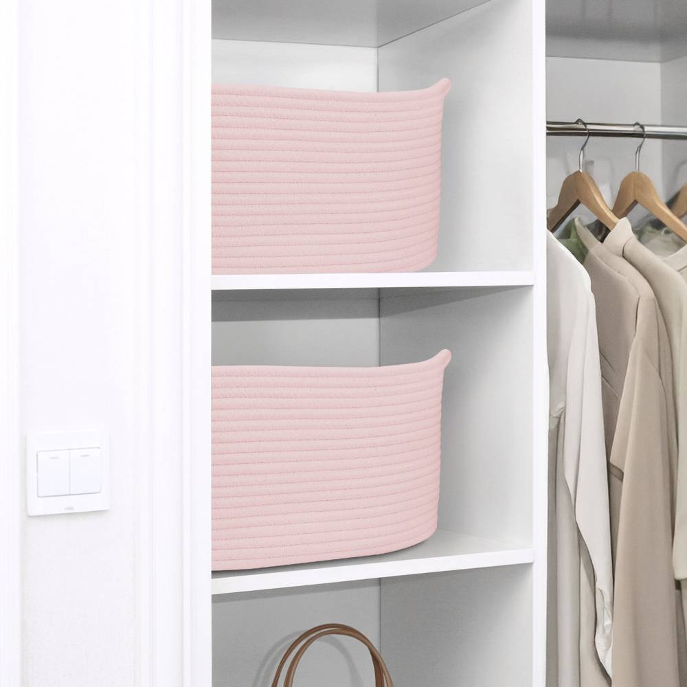 Woodluv Set of 2 Cotton rope Storage Collapsible Baskets, Pink