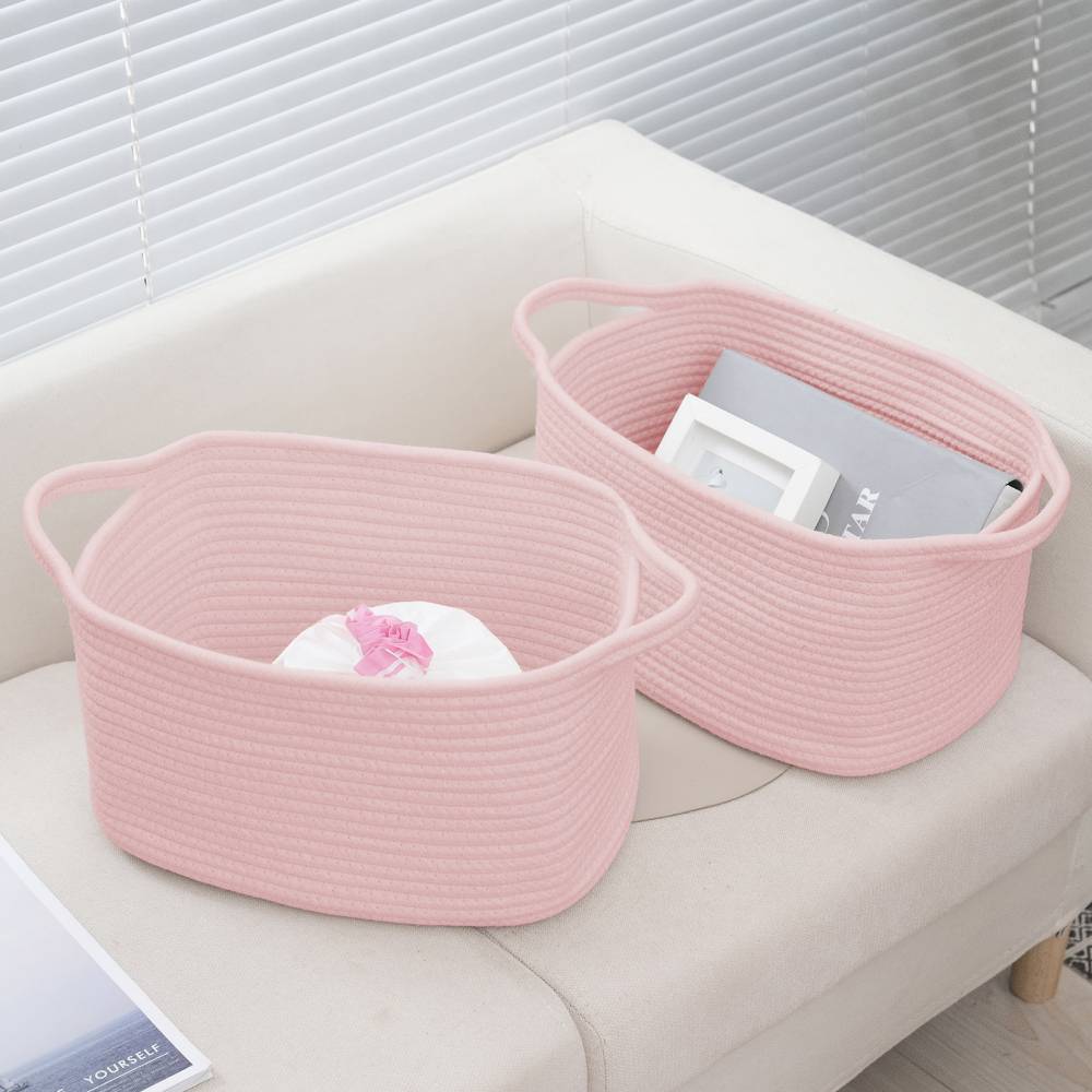 Woodluv Set of 2 Cotton rope Storage Collapsible Baskets, Pink