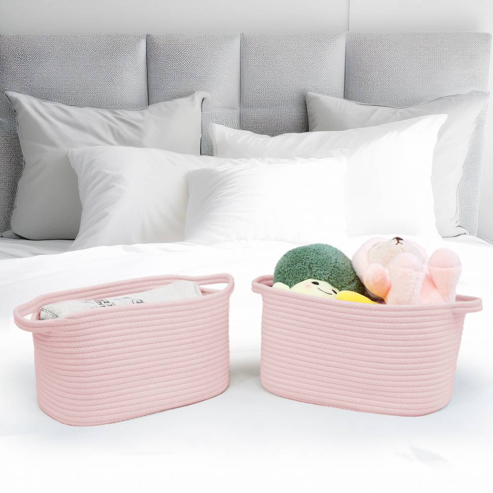 Woodluv Set of 2 Cotton rope Storage Collapsible Baskets, Pink