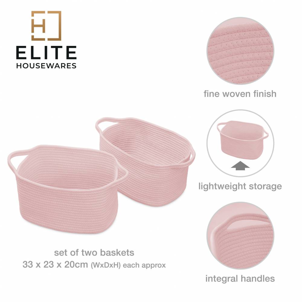 Woodluv Set of 2 Cotton rope Storage Collapsible Baskets, Pink