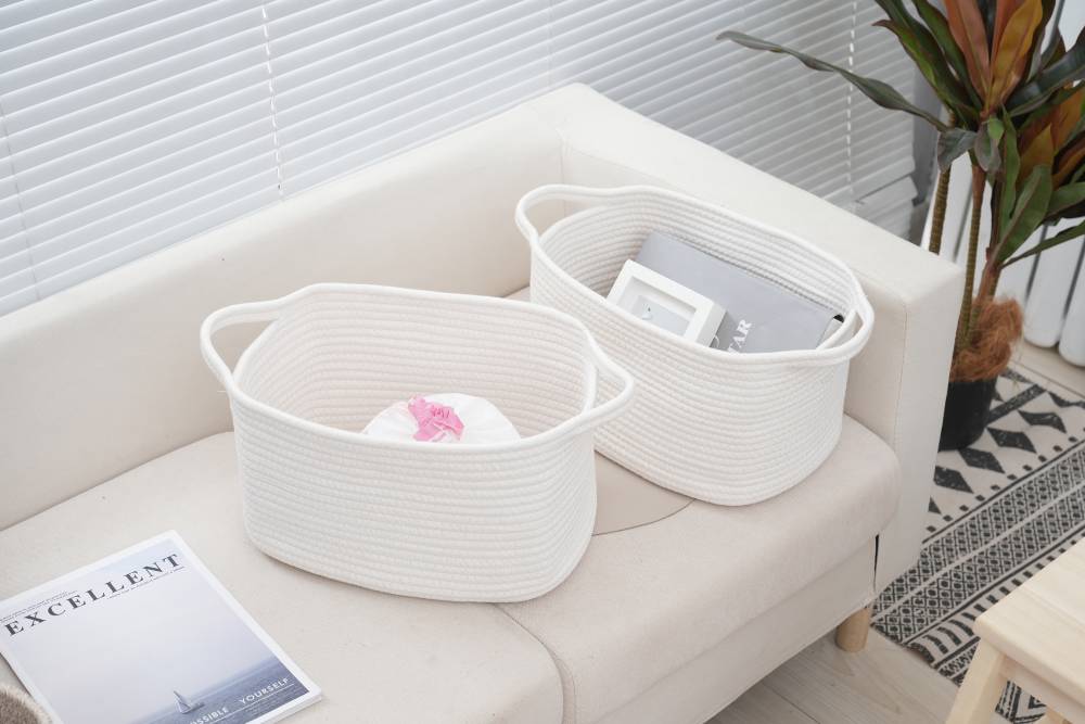 Woodluv Set of 2 Cotton rope Storage Collapsible Baskets, White