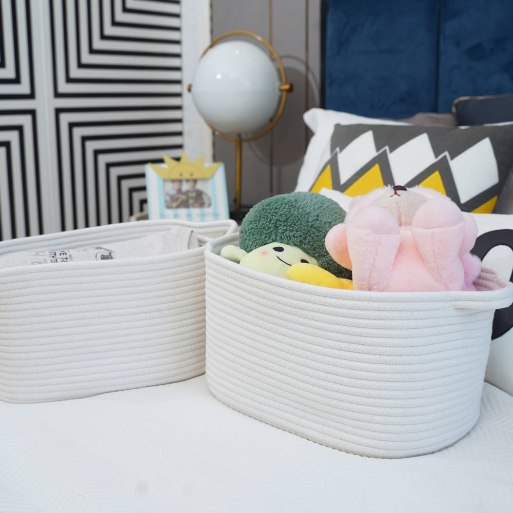 Woodluv Set of 2 Cotton rope Storage Collapsible Baskets, White