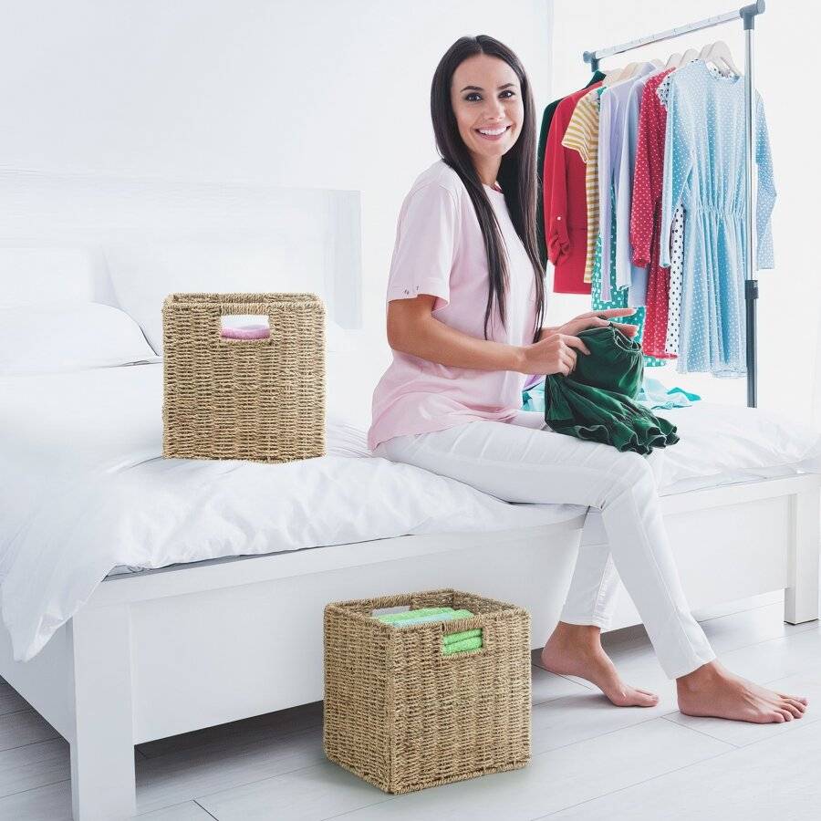 Woodluv Set of 2 Foldable Seagrass Storage Baskets With Inset Handles