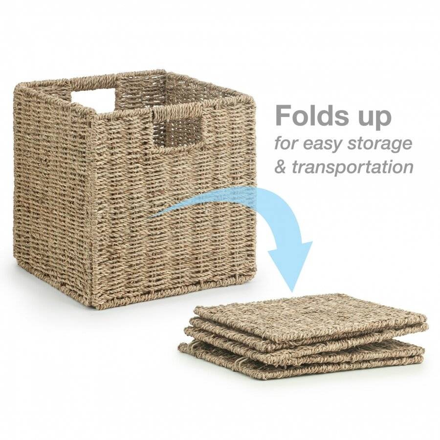 Woodluv Set of 2 Foldable Seagrass Storage Baskets With Inset Handles