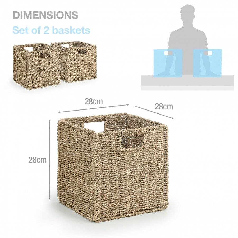 Woodluv Set of 2 Foldable Seagrass Storage Baskets With Inset Handles