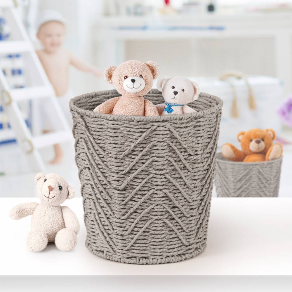 Woodluv Set of 2 Hand-woven Paper Rope Storage Wastepaper Bin - Grey