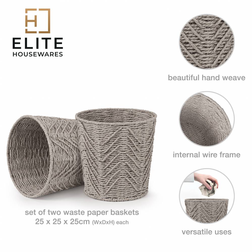 Woodluv Set of 2 Hand-woven Paper Rope Storage Wastepaper Bin - Grey