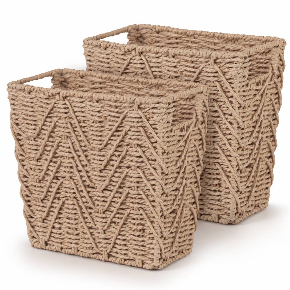 Woodluv Set of 2 Hand-woven Paper Rope Storage Wastepaper Bin - Khaki