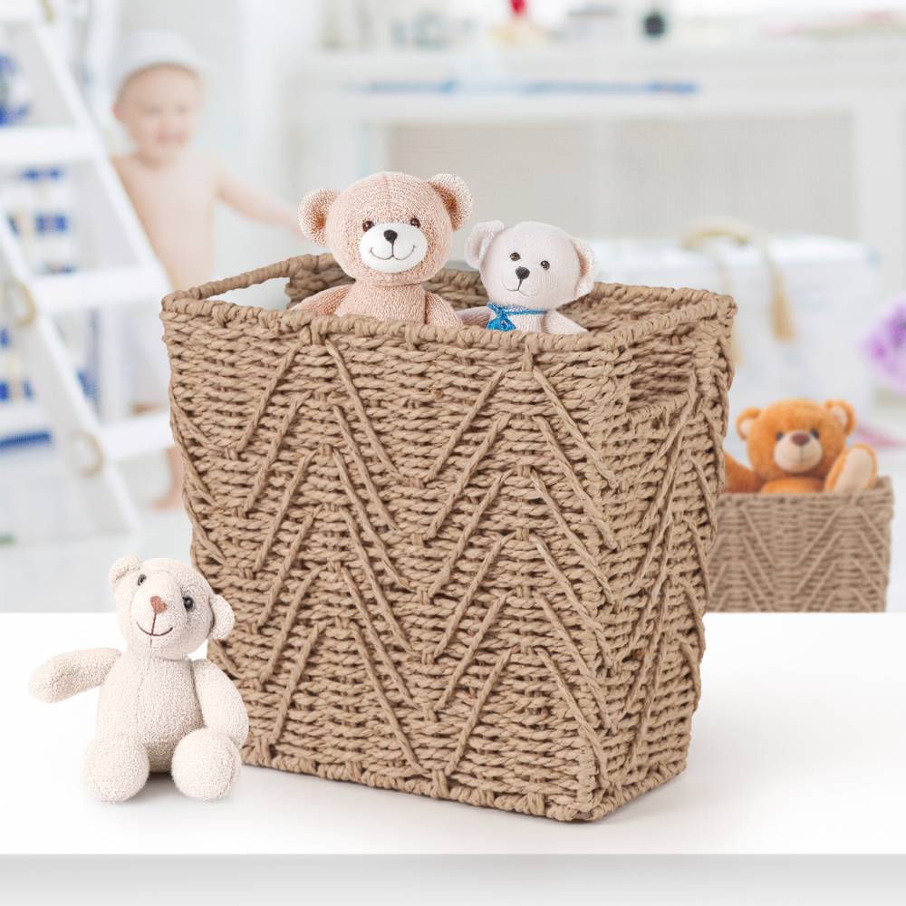 Woodluv Set of 2 Hand-woven Paper Rope Storage Wastepaper Bin - Khaki
