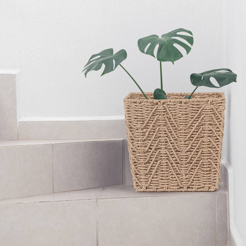 Woodluv Set of 2 Hand-woven Paper Rope Storage Wastepaper Bin - Khaki