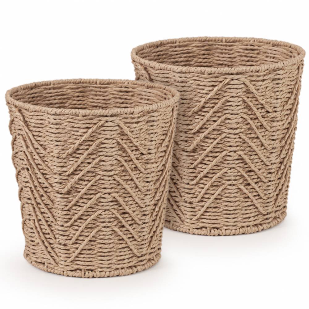 Woodluv Set of 2 Hand-woven Paper Rope Storage Wastepaper Bin - Khaki