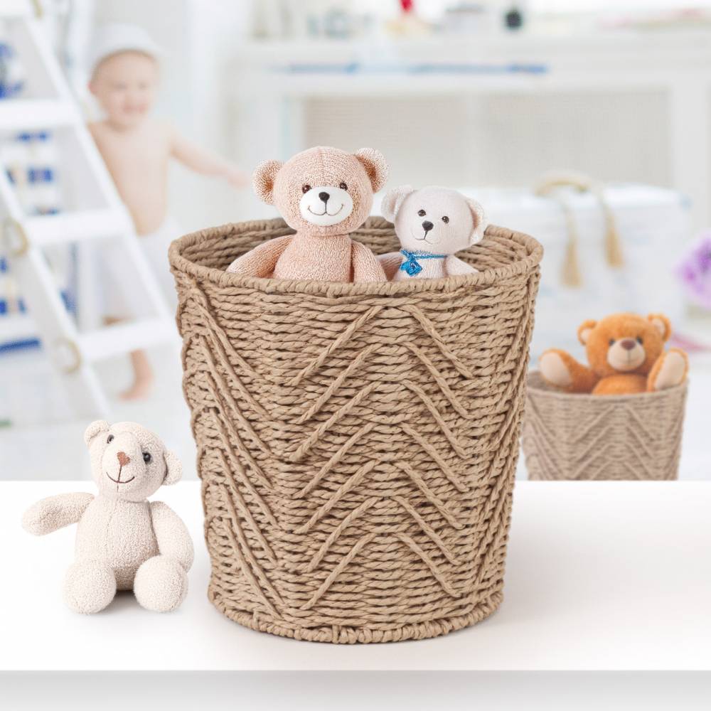 Woodluv Set of 2 Hand-woven Paper Rope Storage Wastepaper Bin - Khaki