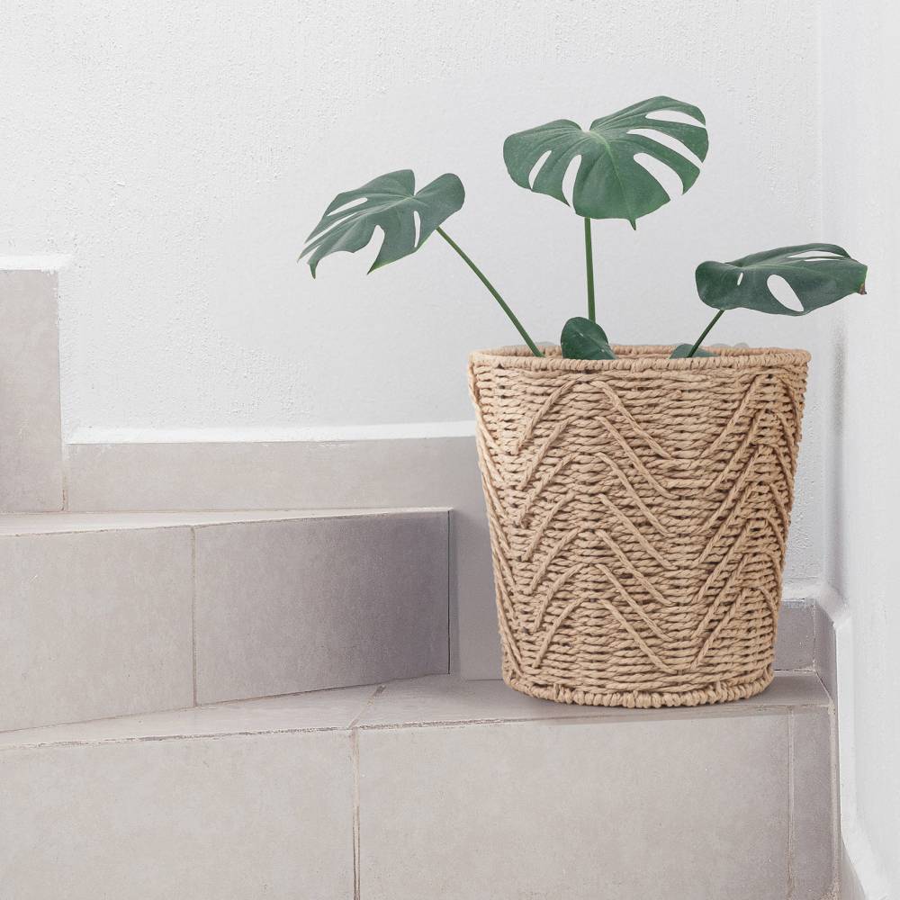 Woodluv Set of 2 Hand-woven Paper Rope Storage Wastepaper Bin - Khaki