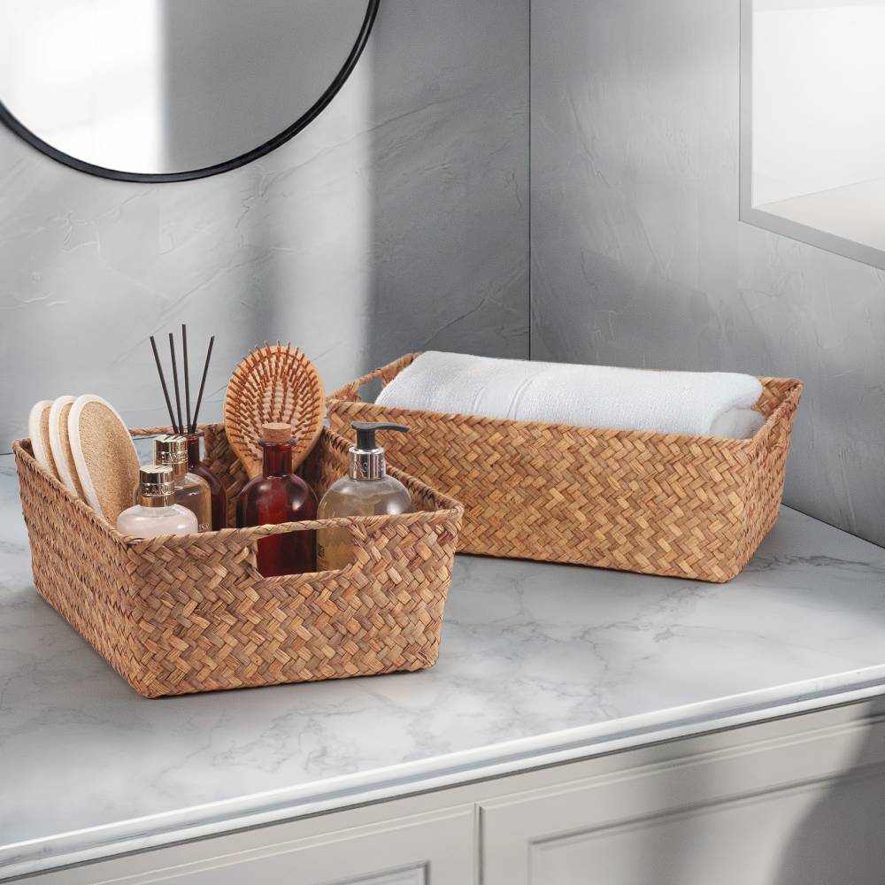 Woodluv Set of 2 Handwoven Seagrass Storage Basket for Shelves, Brown