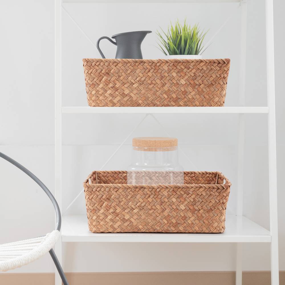 Woodluv Set of 2 Handwoven Seagrass Storage Basket for Shelves, Brown
