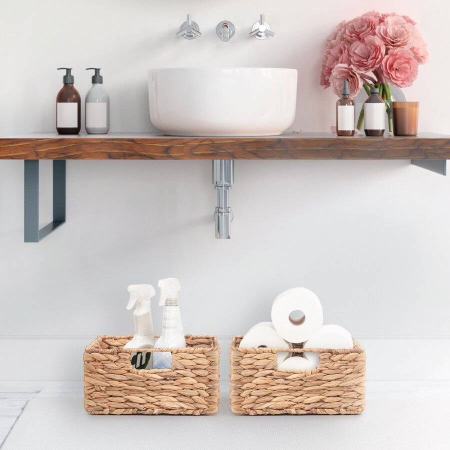 Woodluv Set of 2 Handwoven Water Hyacinth Storage Baskets - Natural