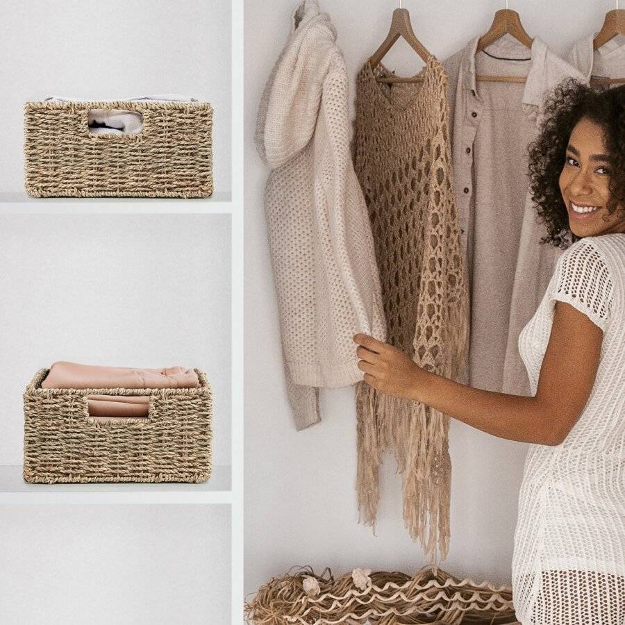 Woodluv Set of 2 Handwoven Water Hyacinth Storage Baskets - Natural