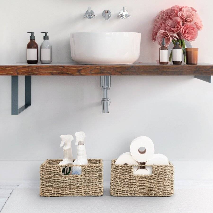 Woodluv Set of 2 Handwoven Water Hyacinth Storage Baskets - Natural